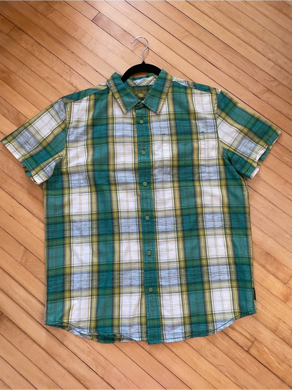 PRANA Button Front Camp Cabana Shirt Organic Cotton Plaid Gorpcore Outdoor Green